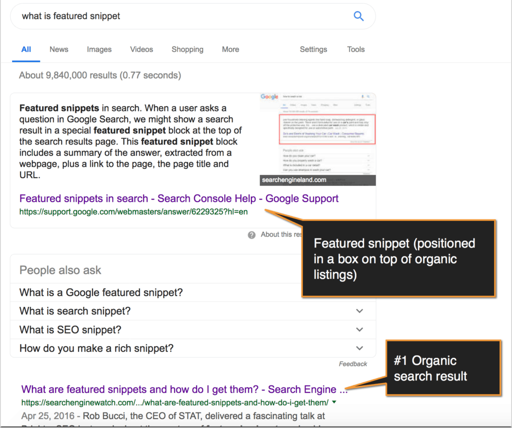 google featured snippet box