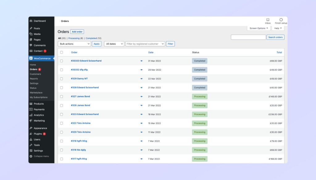 WooCommerce orders page